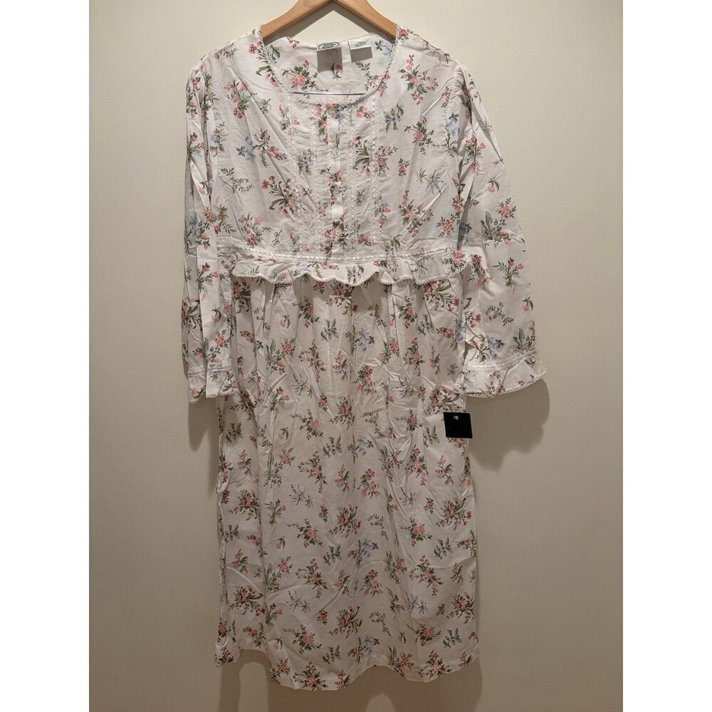 Laura Ashley Nightgown Medium White Floral Cotton Maxi Dress Cottagecore S